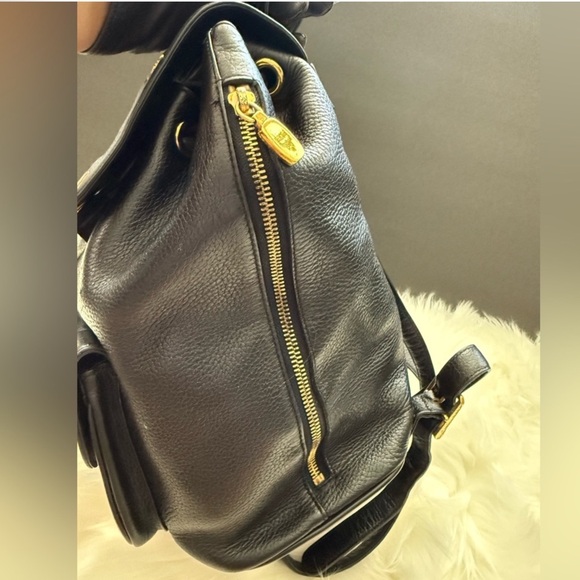 MCM Leather Drawstring Backpack Gold Brass HDWRE Pocket Adjustable Strap - Picture 6 of 9